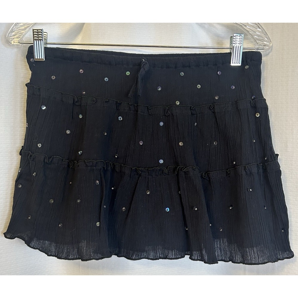 VTG Y2K Black Sequined Tiered Gauze Micro Mini Skirt Womens S Boho Indie Hippie